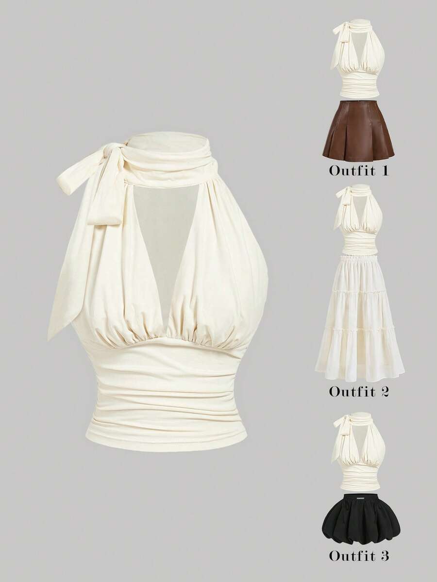 SHEIN MOD Áo tank top không tay tối giản màu trơn dành cho nữ, kiểu thắt nơ, màu kem, thích hợp mặc hàng ngày, đi nghỉ lễ, dã ngoại, hẹn hò, du lịch, sinh nhật, lễ hội, đi biển, ngày Valentine, đi chơi, tiệc trà. - Màu be - Xem 1