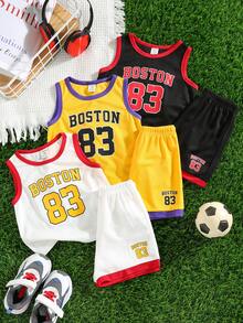 SHEIN 6pcs/Set Baby Boy Sports Style Cute Summer Letter Print Contrast Color Tank Top&Elastic Waist Shorts Multi-Color Outfit,Basketball Jersey,Set - Multicolor - View 3