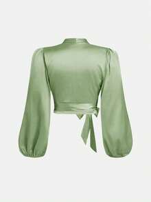 SHEIN MOD 加大码女式黑色裹身式蝴蝶结灯笼袖衬衫 - 綠色 - 查看 2