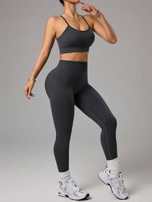 Slayform 2pcs/Set Racerback Sports Bra & High Waist Leggings Set, Seamless Ribbed Fabric, Comfortable Yoga & Fitness Outfit,Gym Set - Dark Grey - View 6