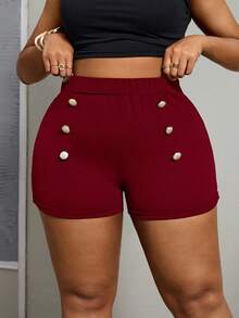 SHEIN PETITE CURVE Pantalones cortos de talla grande con cintura alta y detalles de botones para el verano - Burdeos - Ver 6