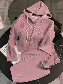 Resyla Princess Seam Fitted Cropped Hoodie + Side Slit Straight Leg Pants Set - Pink - View 1
