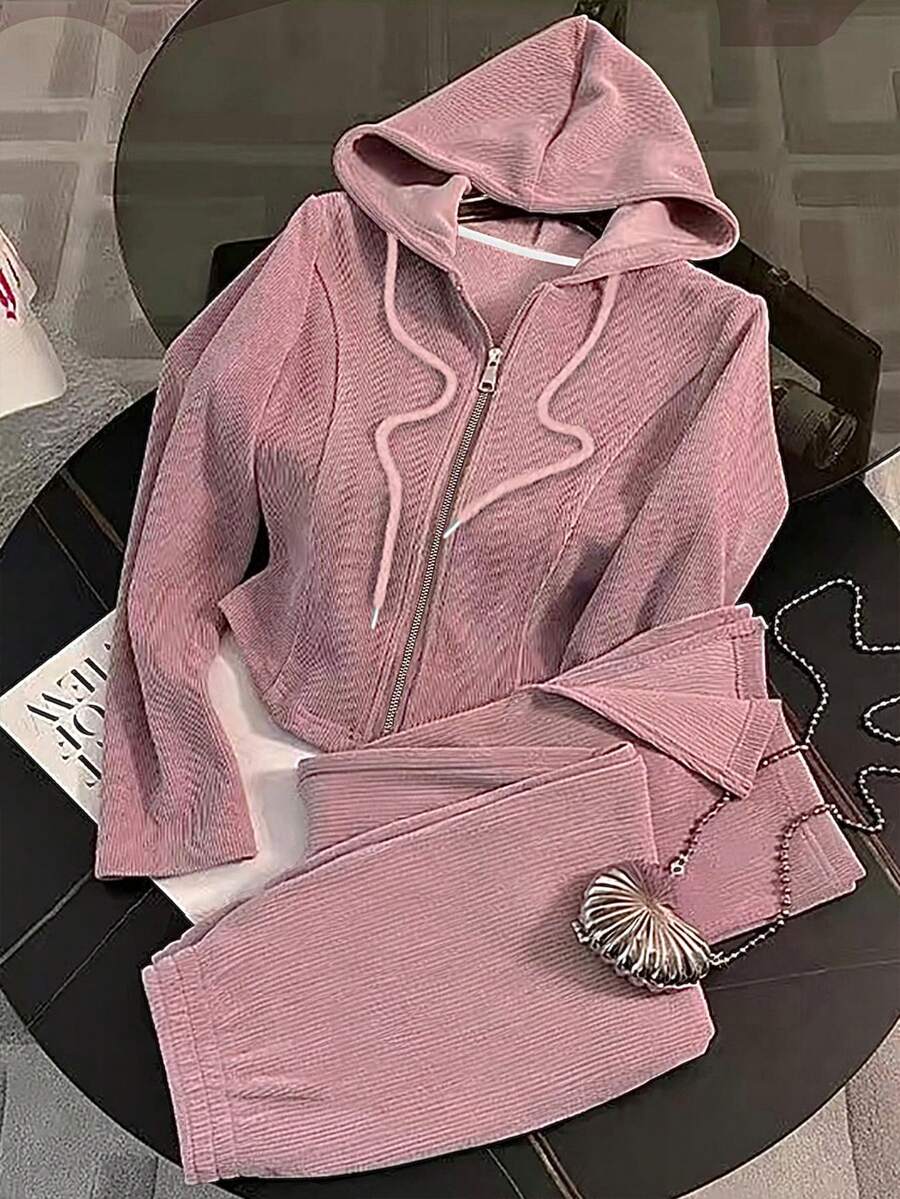 Resyla Princess Seam Fitted Cropped Hoodie + Side Slit Straight Leg Pants Set - Pink - View 1