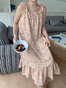 Dazy Plus Ditsy Floral Loose Fit Sleeveless Long Nightgown, Cute Loungewear - Pink - View 2