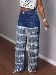 Slaydiva Jeans di moda decorati con paillettes multicolore e nappe - Blu lavato scuro - Visualizzare 5