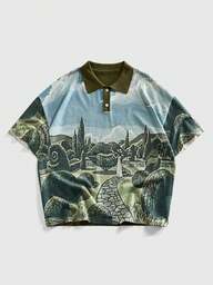 Street Life Men's Oil Painting Print Short Sleeve Knit Top