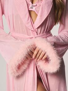 Missguided x Playboy Luxurious Maxi Robe With Faux Fur Cuffs Loungewear Nightwear Long Sleeve Bathrobe Tie Waist Sleepwear Comfort - Pink - View 2