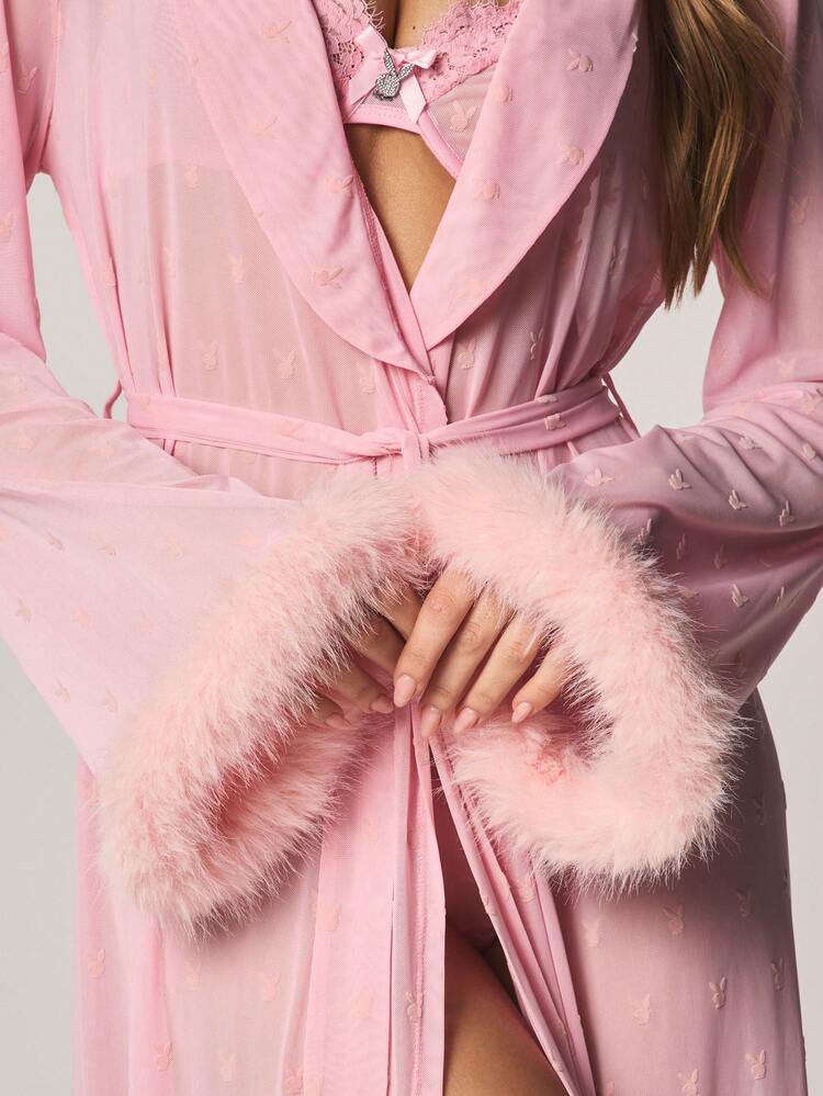 Missguided x Playboy Luxurious Maxi Robe With Faux Fur Cuffs Loungewear Nightwear Long Sleeve Bathrobe Tie Waist Sleepwear Comfort