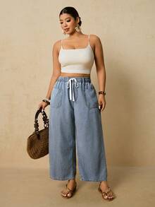 Travachic Plus Size Women Loose Straight Leg Jeans, Elastic Waist With Drawstring, Light Blue Washed, Straight Leg Pants - Light Wash - View 2