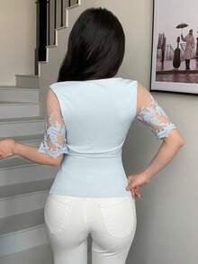 Modelyn Women's Summer Asymmetrical Square Neck Lace Patchwork Sleeve Split Ruched Waist T-Shirt - Baby Blue - View 7