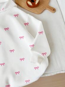 SHEIN EZwear 大码休闲简约粉色蝴蝶结印花白色女式卫衣，适合秋季、返校季、秋装穿着，可爱卫衣，女童卫衣，蝴蝶结卫衣，粉色蝴蝶结卫衣，白色粉色蝴蝶结卫衣，冬季 - 彩色 - 查看 4