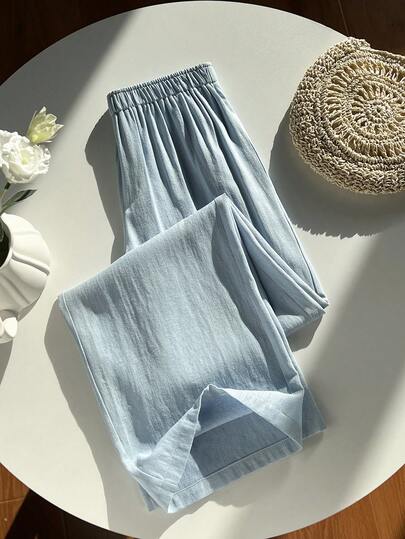 Elamini 女士蓝色低腰直筒宽松裤，舒适休闲百搭时尚日常穿着，适合街头、海滩、春夏穿着。