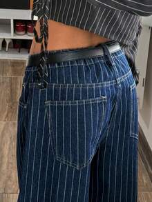 StreetHx Fashionable Casual Street Style Striped Low-Waist Straight Leg Jeans - Medium Wash - View 6