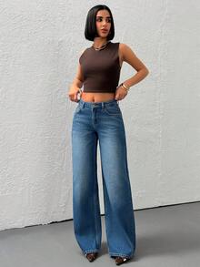 EURMUSE Casual Versatile Commuting Washed Low-Waist Wide-Leg Jeans - Medium Wash - View 3