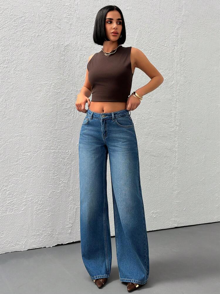 EURMUSE Casual Versatile Commuting Washed Low-Waist Wide-Leg Jeans - Medium Wash - View 3