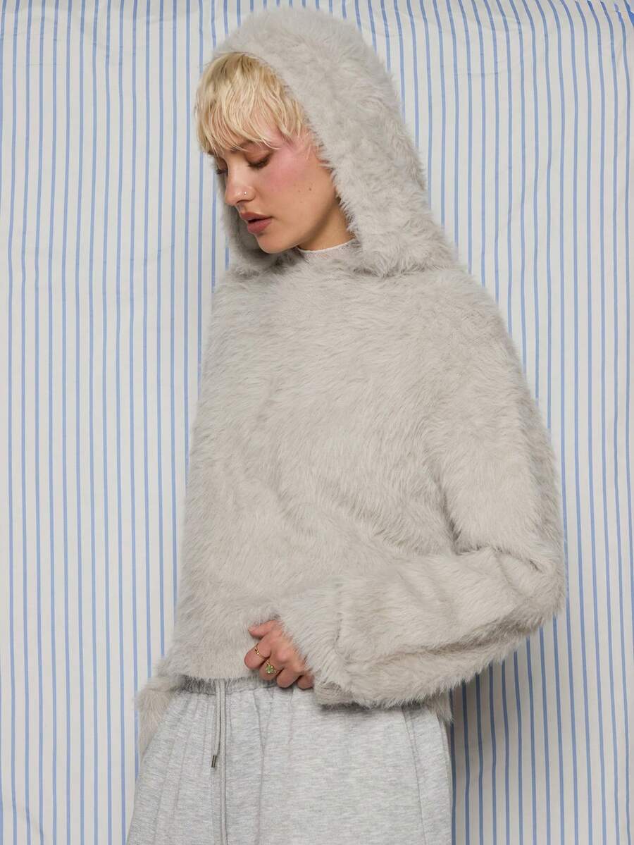 COUREZ Overhead Boxy Hoodie In Fury Knit /Y2K Spring Cute Cozy Going Out Back To School Grey Fuzzy Hooded Top Date Night Valentines Day - Grey - View 1
