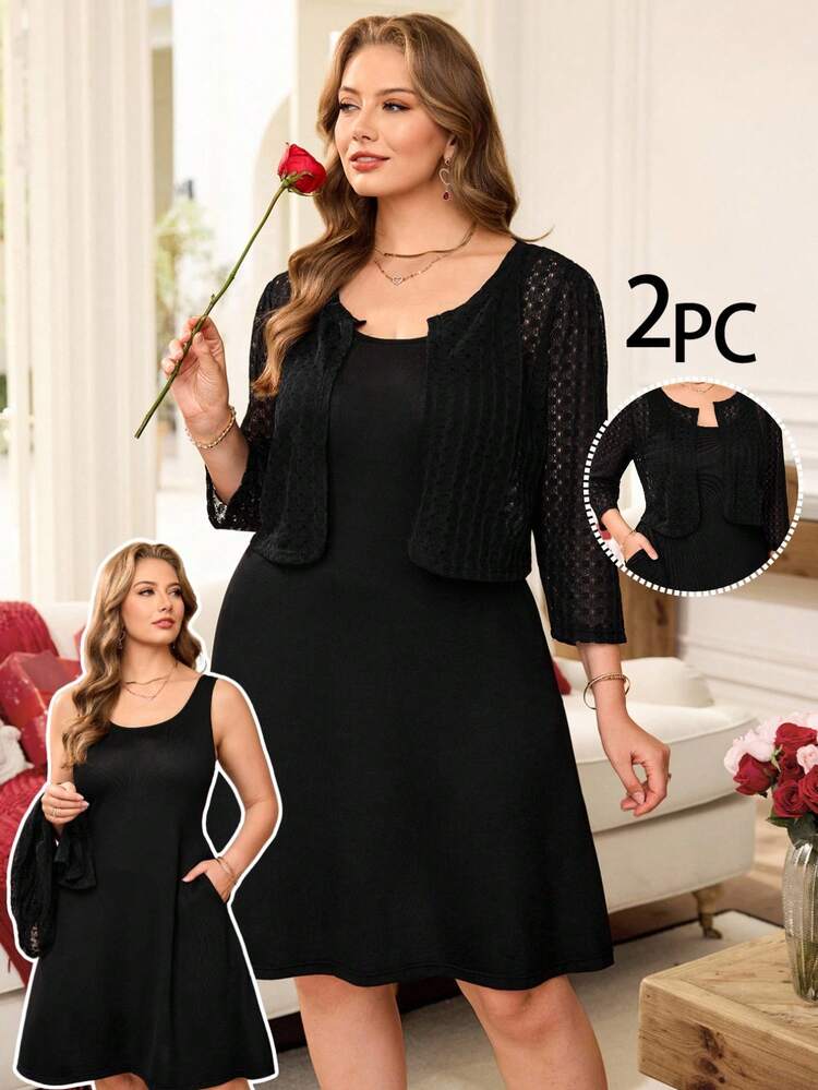 Plus Size Women 3/4 Sleeve Cardigan And Sleeveless Dress Elegant 2 Pieces Set/Summer/Spring/Vacation Elegant Black Dresses For Women 2 Piece Set Women Dress With Cardigan Set  Elegant Dress Women