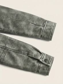 EMERY ROSE Vintage Distressed Cropped Zip Up Moto Jacket - Grey - View 4