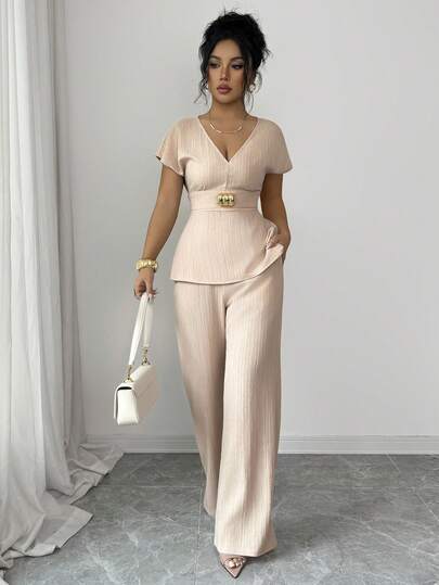 Siren Gaze 2pcs Women's Elegant Deep V-Neck Blouse And Pants Set With Metal Buckle Belt Decor, Office/Work Outfit, Peplum Top And Wide Leg Pants Set Chic Two Piece Outfit For Summer