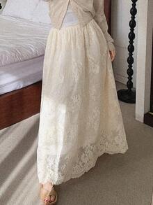 DAZY 女士弹力腰带印花优雅半身裙 - 白色 - 查看 4