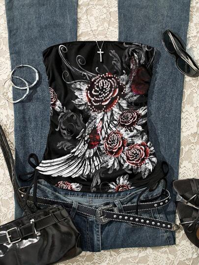 Glimmora Women's Floral Print Fashion Dark Style Bandeau Top