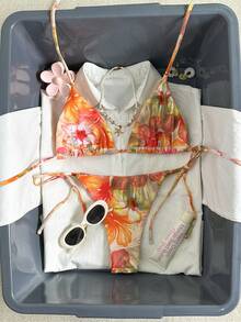 Swim Mod 2件套女士随机印花细肩带沙滩度假比基尼套装，夏季