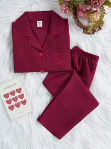 两件套女童休闲爱心刺绣长袖开衫和裤子套装，舒适宽松家居服 - 彩色 - 查看 4