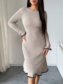 Modelyn Vestido ajustado de manga larga de punto acanalado con volantes en el bajo, para otoño/invierno - Caqui - Ver 3