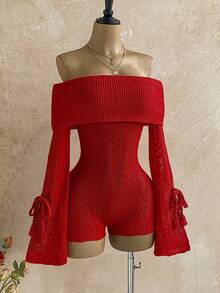 Soleia Women's Vacation Beach Solid Color Off-Shoulder Hollow-Out Knitted Romper  New Year Dress Elegant Dresses For Party Red Dress  Elegant Dresses For Party Red Dress For Women Sweater - Red - View 8