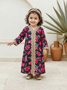 Toddler Girls' Long Sleeve Floral Print Gold Trim Dress, Middle Eastern Style, Elegant & Delicate, Spring/Autumn Dress Baby Girl Toddler Girl Long Sleeve Dress Toddler Long Sleeve Dress Girls Dress - Black - View 6