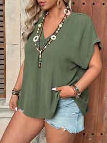 Ceyna Women's New Round Neck Short Sleeve Pleated Back Chiffon Cuffed Elegant Casual Blouse, Spring/Summer - Green - View 6