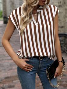 EMERY ROSE Áo sơ mi cổ chữ V kẻ sọc mùa hè, thích hợp mặc đi làm/thường ngày. - màu nâu - Xem 5