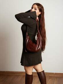 Lupita Cardoza 秋冬休闲纯色立领喇叭袖修身毛衣连衣裙 - 深灰色 - 查看 5