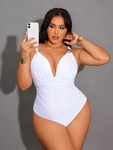 Shapewave 大码女士纯色金属链连体泳衣，休闲度假款 - 白色 - 查看 4