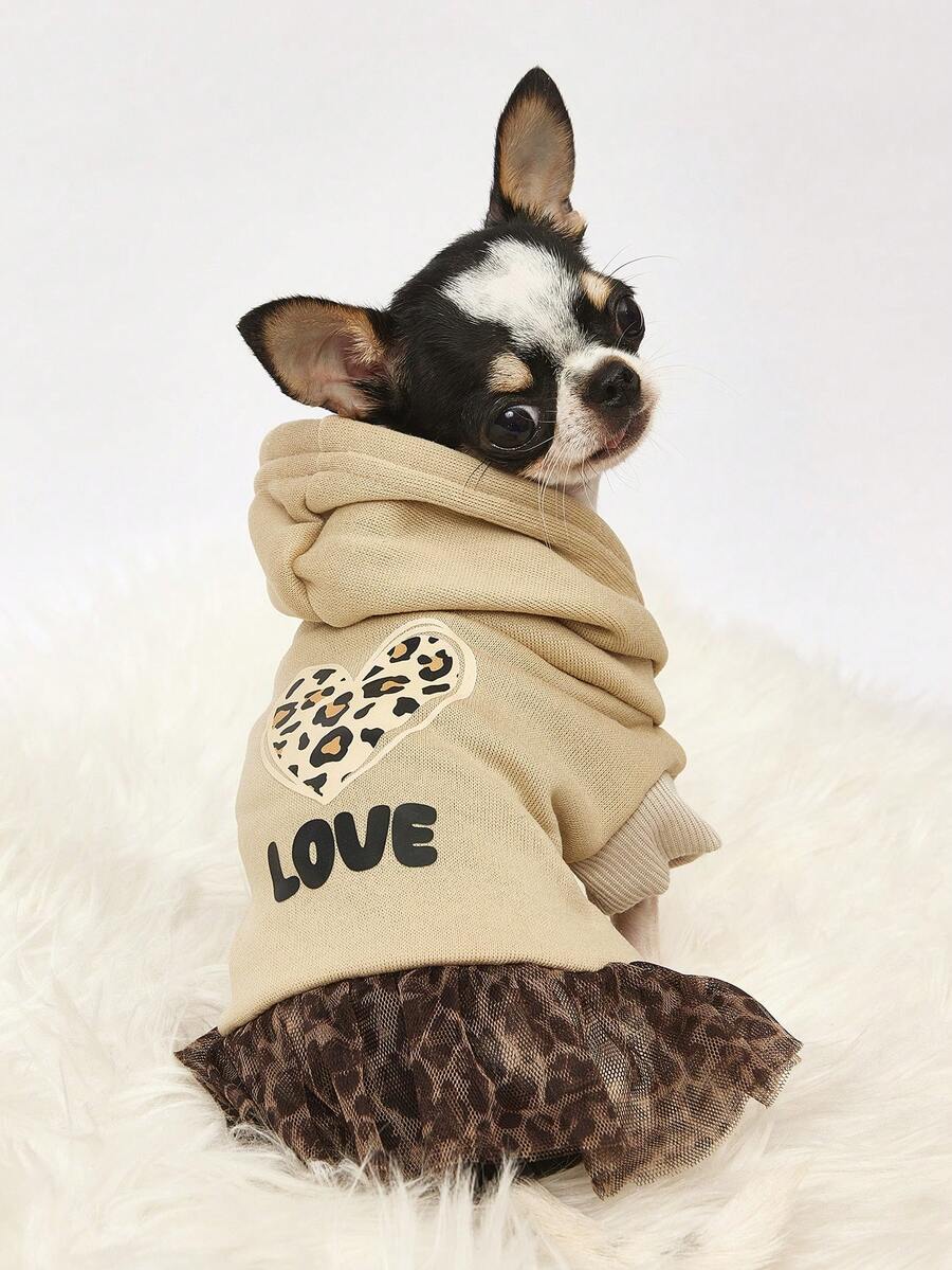 PETSIN 1pc Pet Dog & Cat Universal Hooded Sleeveless Khaki Patchwork Leopard Print Mesh Heart Pattern Casual Dog Dress - Multicolor - View 1