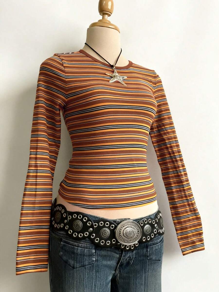 SHEIN 彩色条纹数码印花简约女式长袖圆领 T 恤，送给朋友的礼物 - 白色 - 查看 1