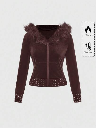 Grunge Punk Y2K Stil Samt Reißverschluss Sweatshirt mit Strass Dekor, tailliert für Frauen