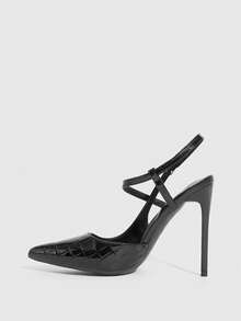 CUCCOO SZL 女士尖头高跟鞋，亮黑色材质，时尚性感夜店派对走秀踝带超高跟鞋，圣诞节必备 - 7639石頭紋黑 - 查看 8