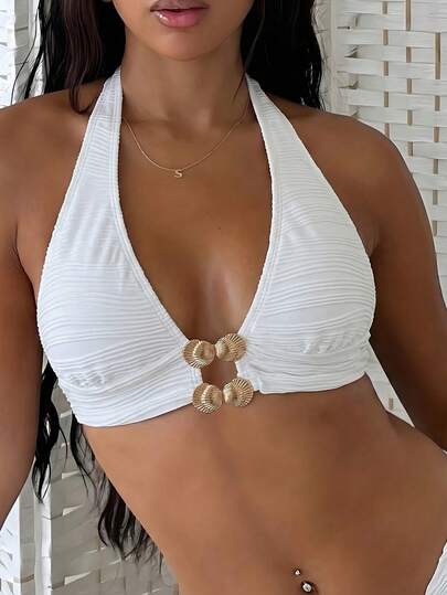 Bonvoyette Women's Textured Fabric Metallic Accessory Solid Color Shell Halter Neck Beach Top