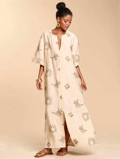 Travachic 女士度假棕榈树印花V领宽松罩衫连衣裙