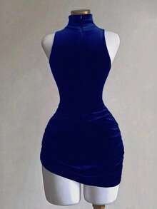 Franclia 女士丝绒高领褶皱腰身修身迷你连衣裙 - 寶藍色 - 查看 2