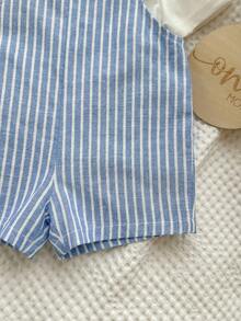 Set de 2 piezas de peto a rayas y sombrero de cubo de verano para bebé niño/niña, conjunto casual para el hogar, salidas y playa - Multicolor - Ver 4