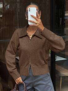 DAZY Damkofta i PU-läder med lapptäcke och dragkedja, höst - Kaffebrun - Visa 4