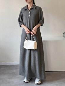 FRIFUL Women's Solid Color Polo Collar Loose Casual Long Dress - Grey - View 5