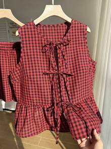 Comfortcana Bộ đồ mùa hè cỡ lớn kẻ caro đỏ trắng gồm áo và quần short buộc 3 nơ phía trước, gồm 2 món. - Đỏ - Xem 3