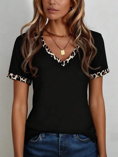 EMERY ROSE Stylish Ladies Black Short Sleeve V Neck T Shirt Featuring Leopard Print Accents For Everyday Wear Summer Topscasual Blouses For Womenelegant Women's Blousesgraphic Tees Womenelegant Women's Blouseswhite Topswork Outfits For Womenblack Topswhite Topwomen's Dress Shirtfestival Y2k