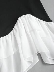 Sweetra Women's Contrast Color Ruffle Off-Shoulder Pleated Dress - Black and White - View 4