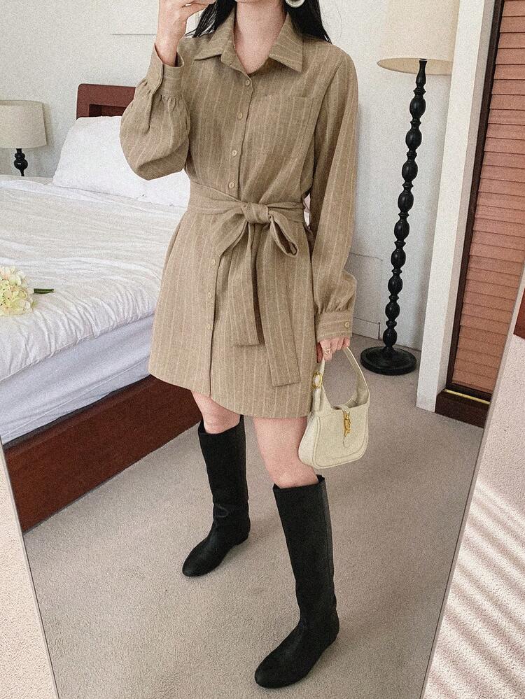 Women's Striped Long Sleeve Single-Breasted Casual Pocket Shirt Dress Sundress
