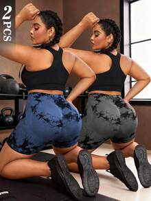 SHEIN Rhythm Era 2 chiếc quần short nữ cỡ lớn nhuộm màu tie-dye, màu đen, xám, xanh navy, thích hợp cho yoga, golf, thể thao ngoài trời. - Nhiều màu - Xem 3
