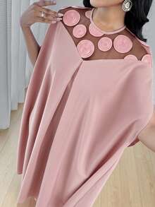xheSHEIN Lady Vestido suelto de mujer elegante con mangas de murciélago de malla de contraste, otoñoxhe - Rosa vieja - Ver 4